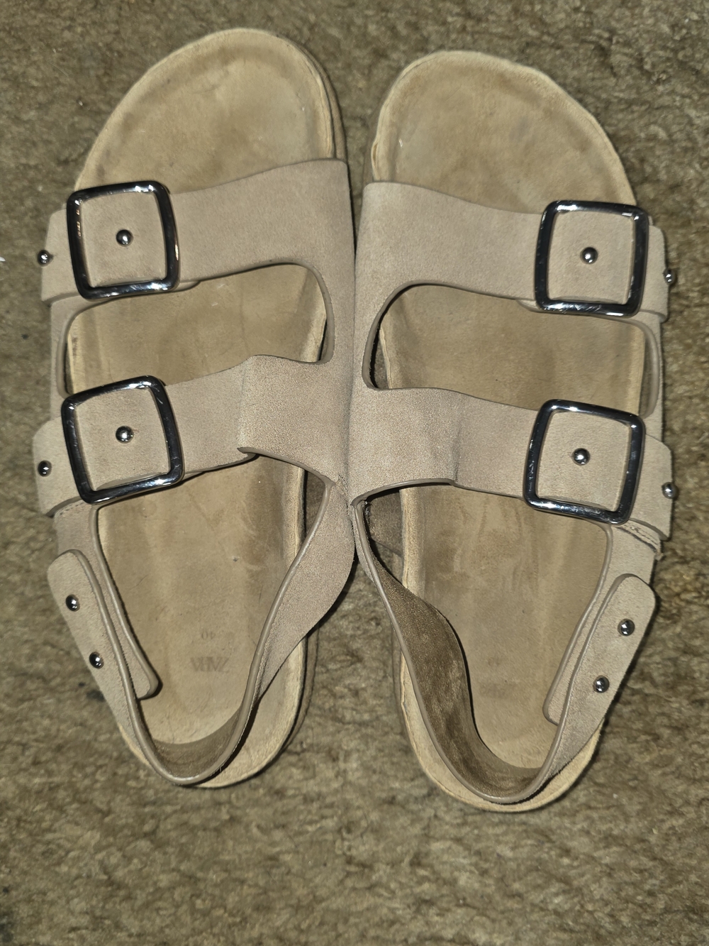 Zara Beige Suede Double-Buckle Slide Sandals